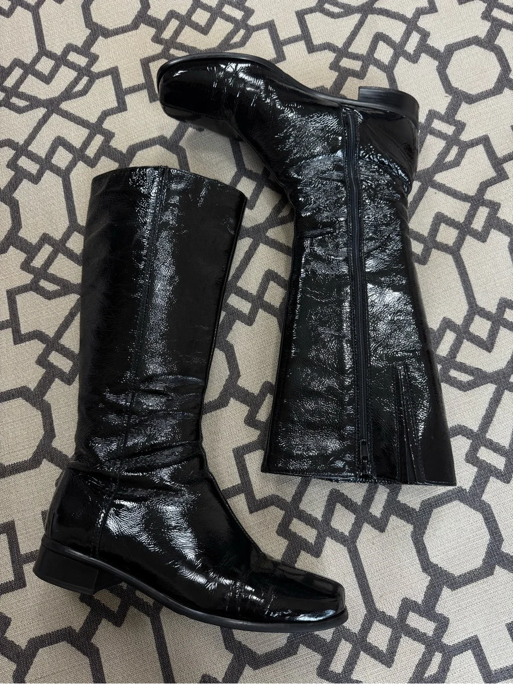 La Canadienne Black Patent Leather Knee High Square Toe Riding Boots Size 7.5 M